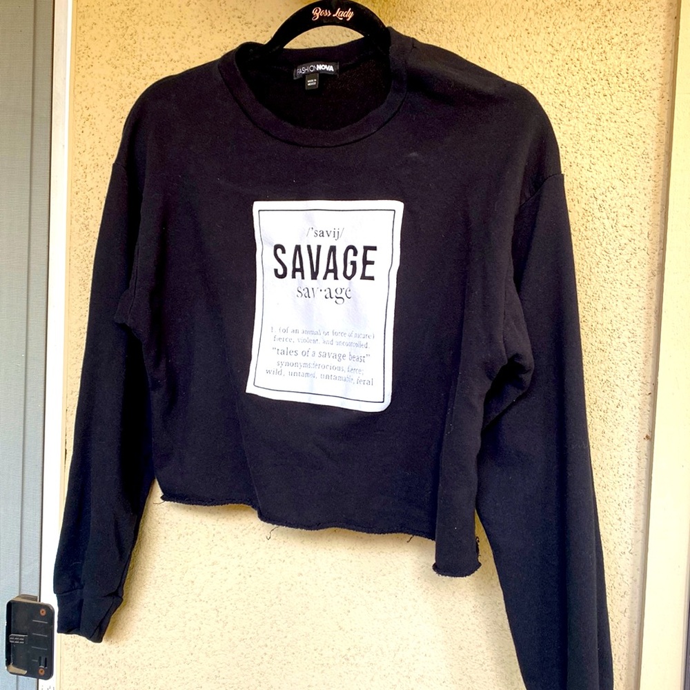Fashion Nova cropped black thin sweatshirt , Savage logo , size small